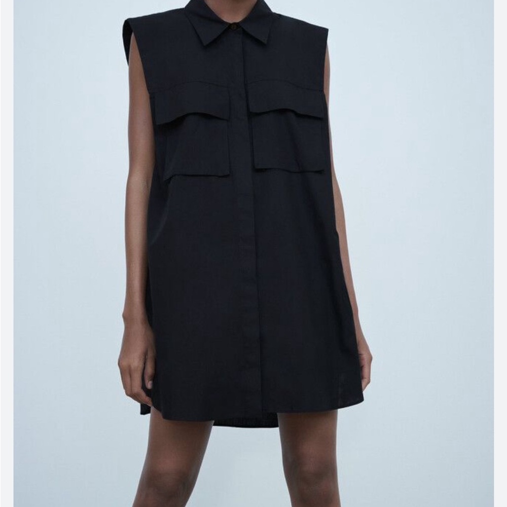 Zara Sleeveless Black Shirt Dress Button Down Size Small NWT